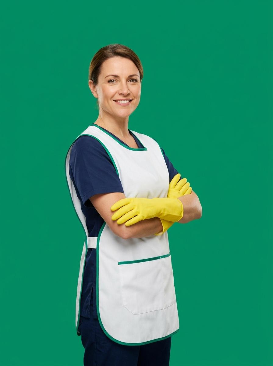 Smiling cleaner with cleaning supplies